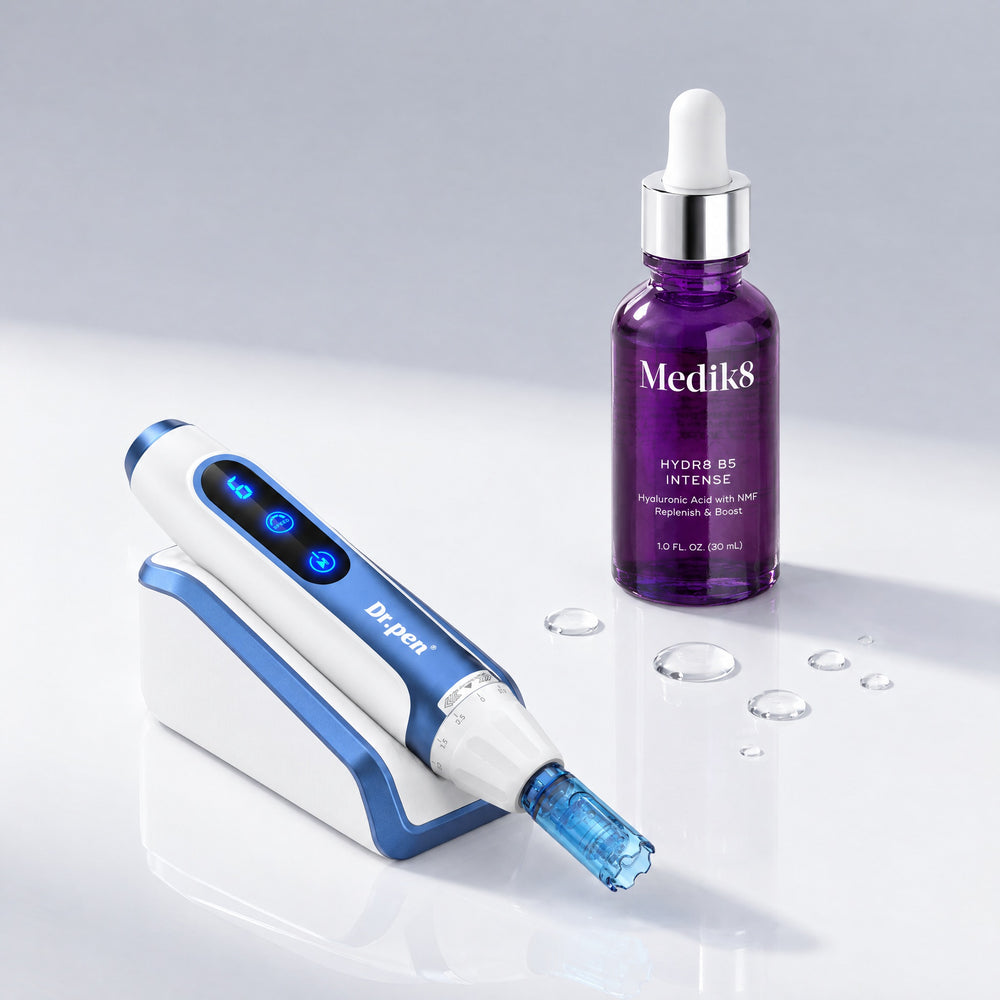 Dr. Pen A11 microneedling pen in its stand with Medik8 Hydr8 B5 Intense hyaluronic acid serum – Deep Hydration Bundle