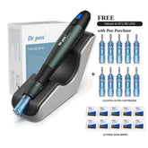 Dr. Pen A20 with charging stand and upright box, plus 10 capped 42-pin cartridges and 10 skin wipes; free gifts valued at $71.90 USD.