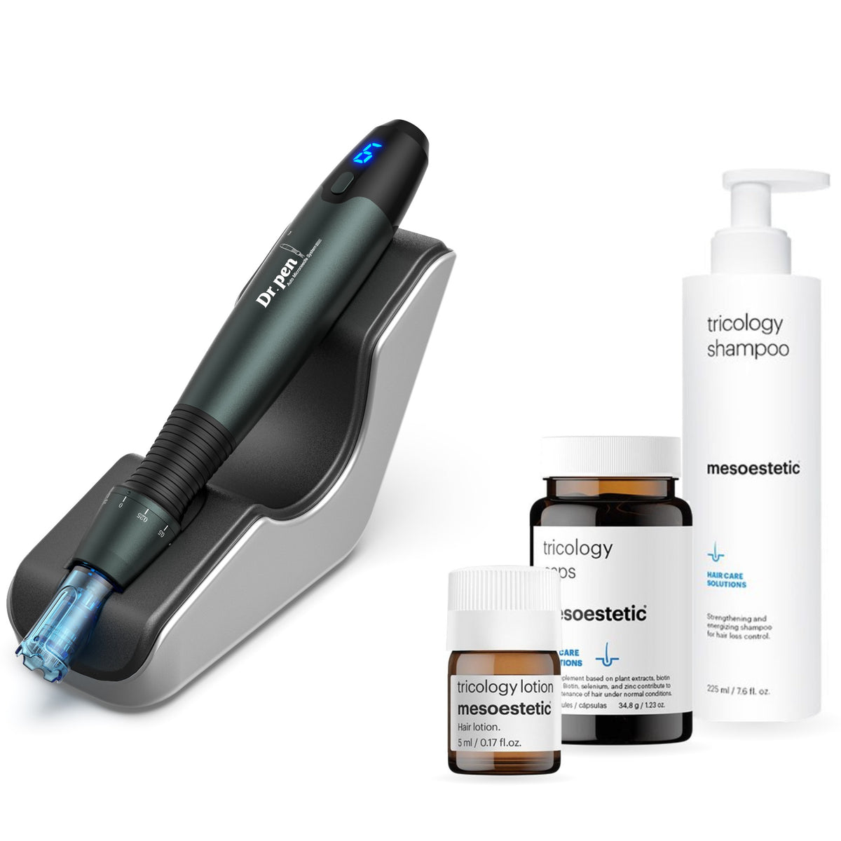 Dr. Pen A20 microneedling pen on its charging stand with mesoestetic tricology lotion, caps and shampoo