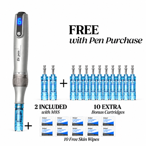 Dr. Pen M8S with 2 cartridges included, plus free with your pen: 10 extra bonus cartridges and 10 Medipal skin wipes