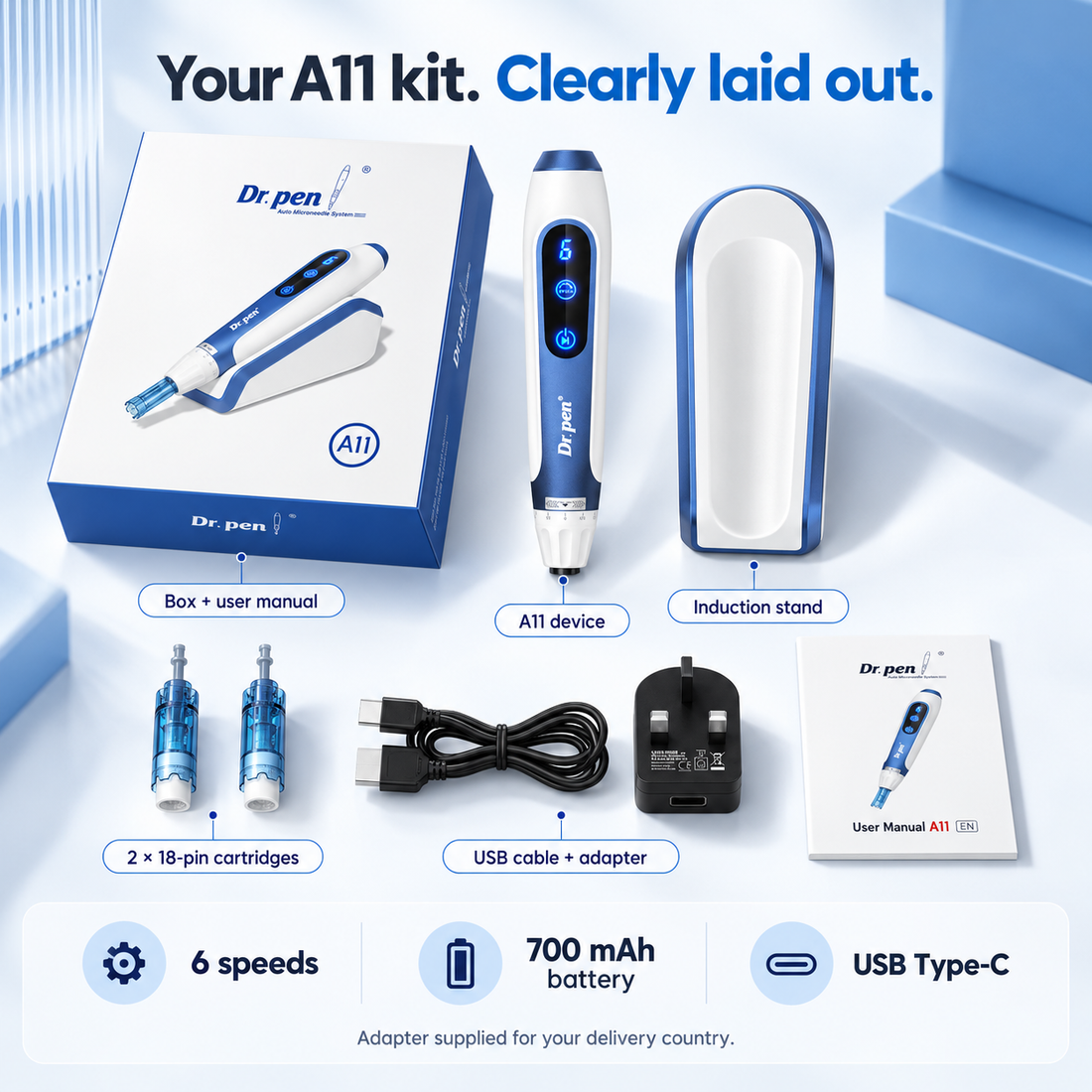 A11 kit showing device, induction stand, two cartridges, cable, adapter, box and manual