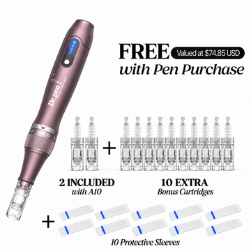 Dr. Pen A10 with the two cartridges included in the box, ten bonus cartridges and ten protective sleeves