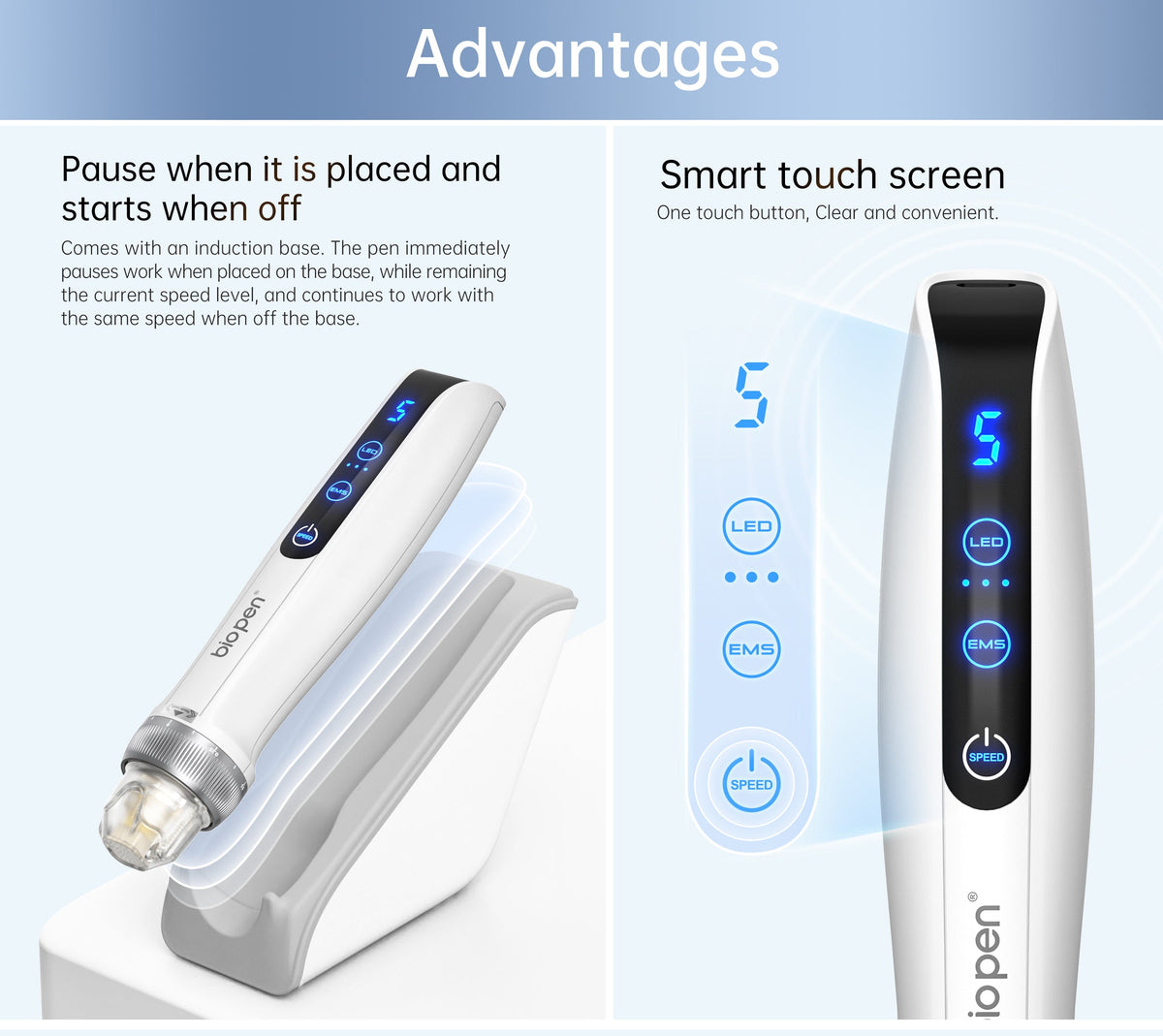 Q2 induction base pauses the pen, with LED, EMS and speed touch controls shown alongside
