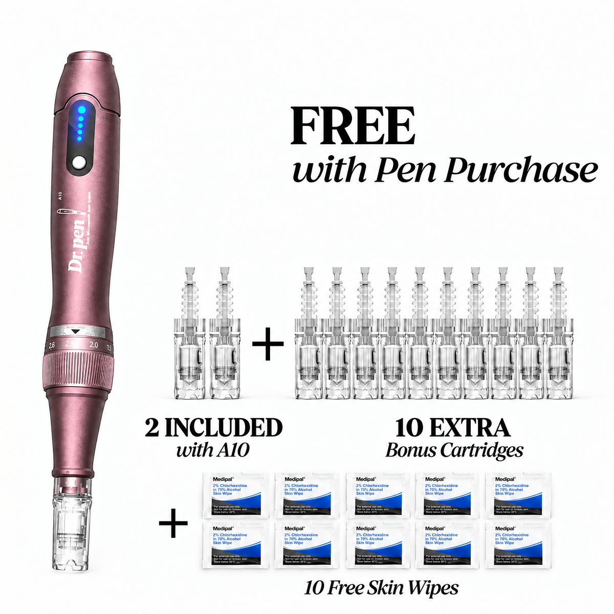 Dr. Pen A10 with 2 cartridges included, plus free with your pen: 10 extra bonus cartridges and 10 Medipal skin wipes
