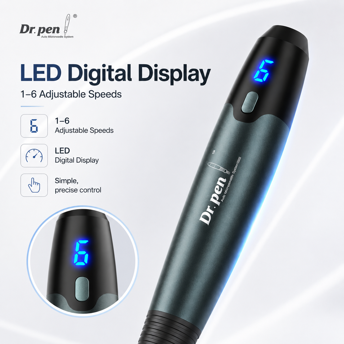 Dr. Pen A20 LED digital display with 1–6 speed settings