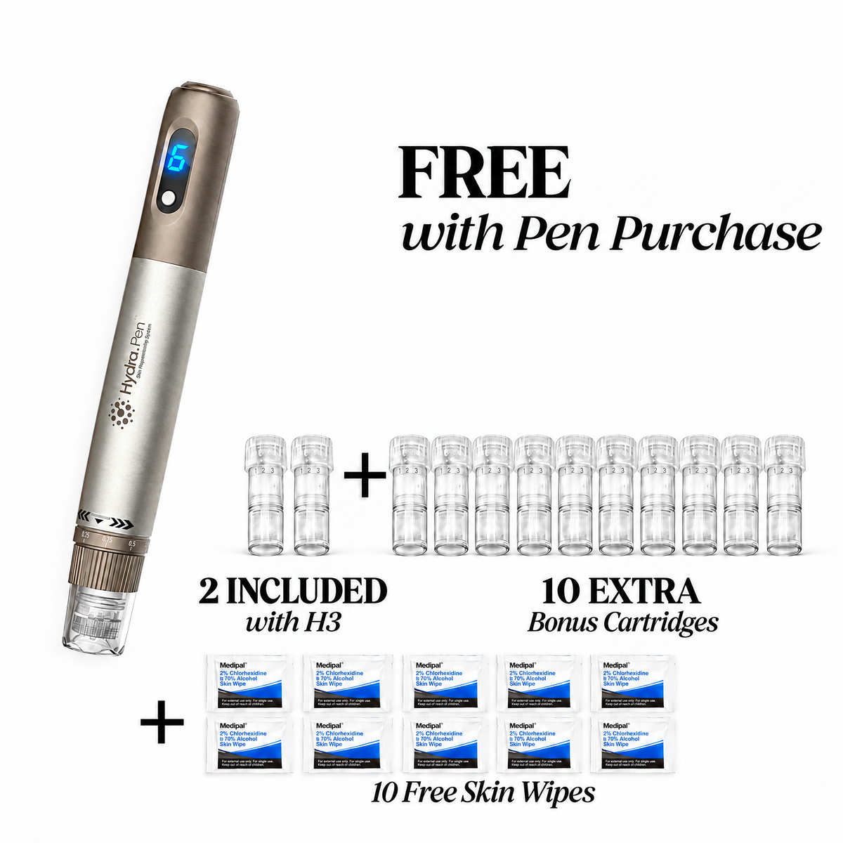 Dr. Pen HydraPen H3 with 2 cartridges included, plus free with your pen: 10 extra bonus cartridges and 10 Medipal skin wipes