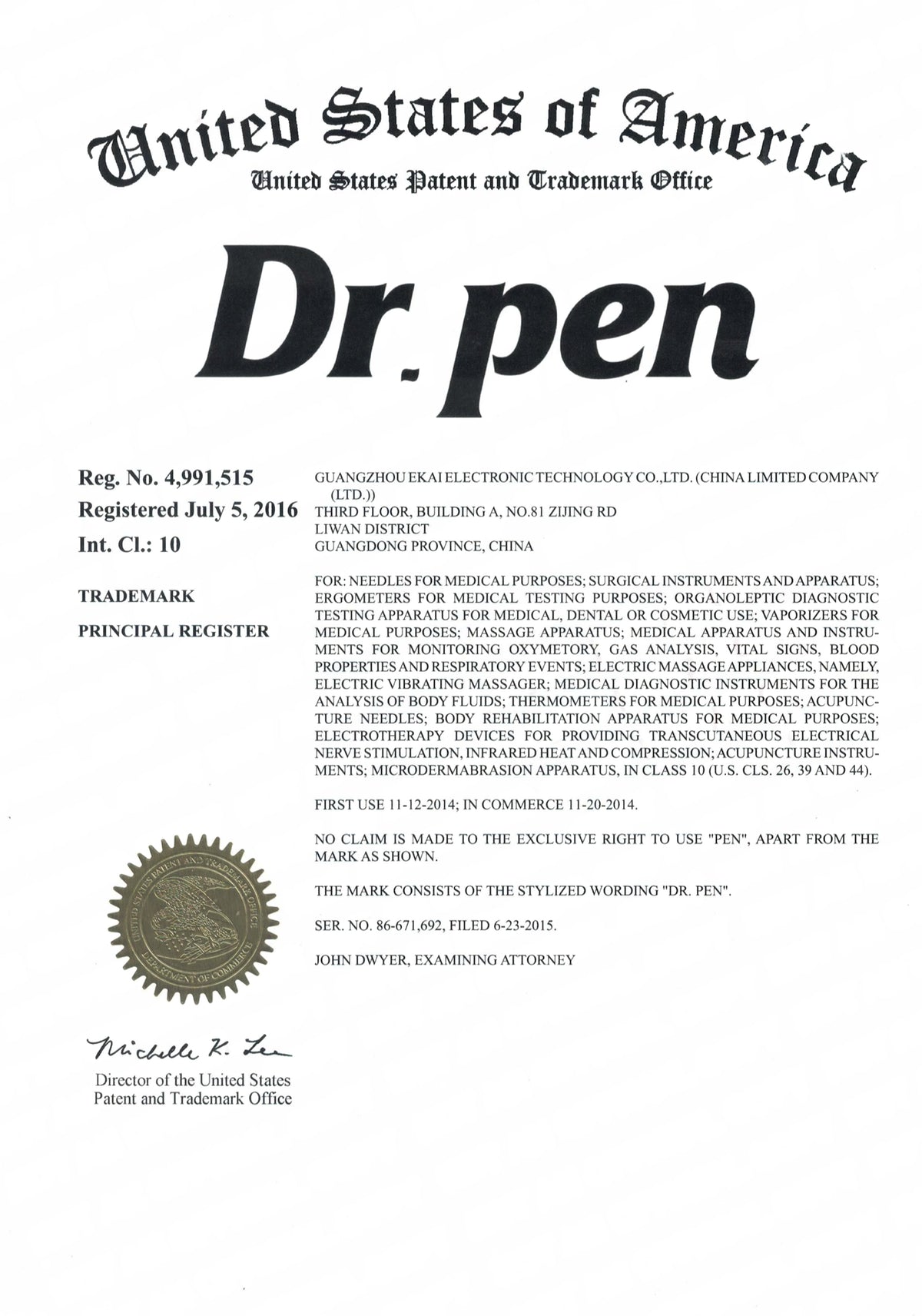 Official Dr. Pen trademark registration certificate