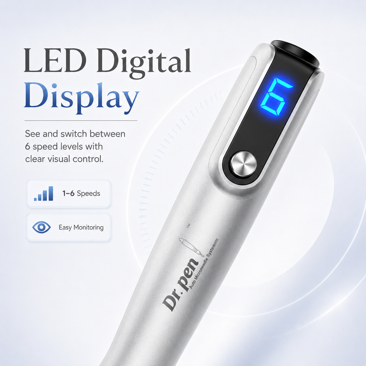 Close-up of the Dr. Pen M8S LED display showing the speed and depth settings