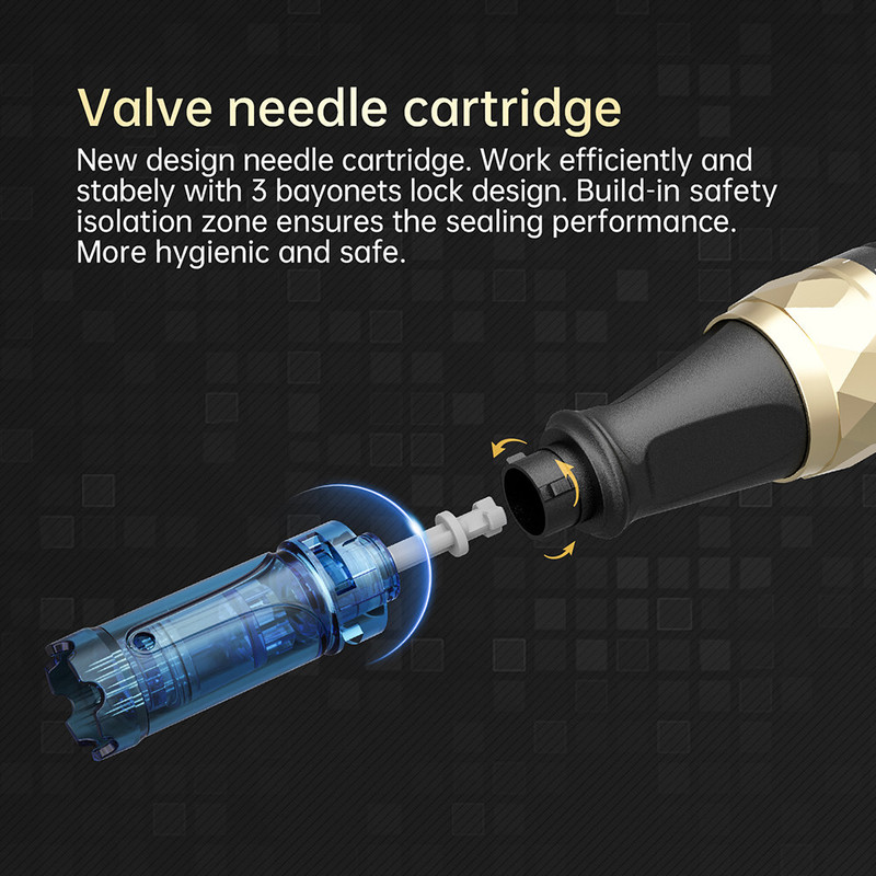 Exploded view showing the A8S three-bayonet cartridge connection and valve design